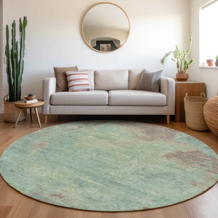 8' Pale Aqua And Taupe Round Abstract Washable Indoor Outdoor Area Rug