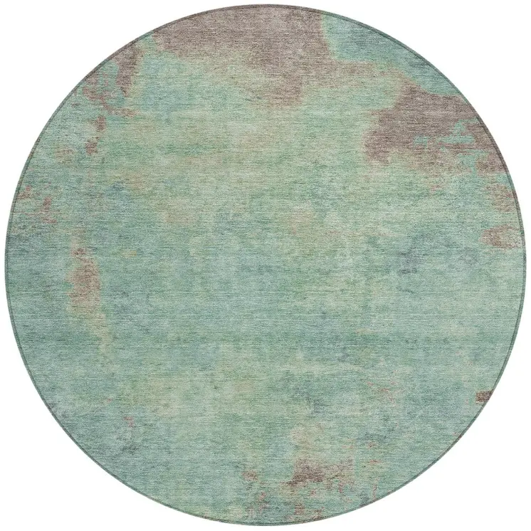8' Pale Aqua And Taupe Round Abstract Washable Indoor Outdoor Area Rug