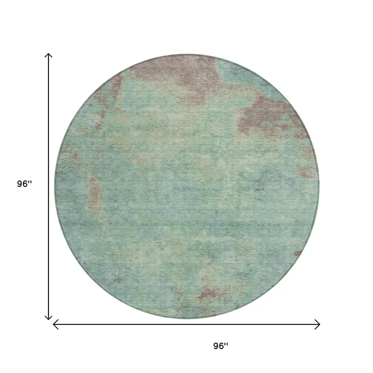 8' Pale Aqua And Taupe Round Abstract Washable Indoor Outdoor Area Rug