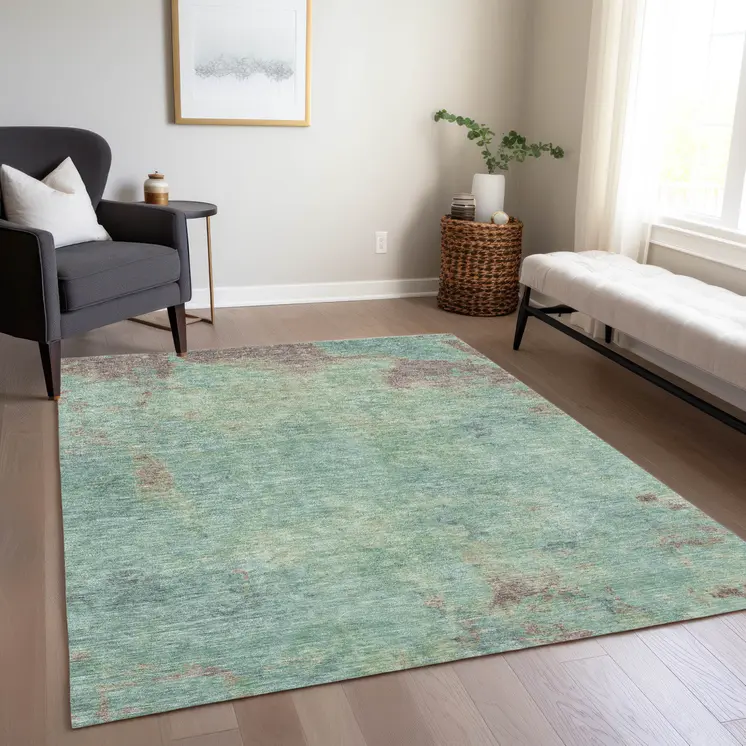 9' X 12' Pale Aqua And Taupe Abstract Washable Indoor Outdoor Area Rug