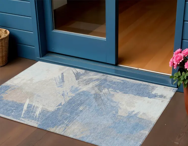 3' X 5' Denim Blue Beige And Ivory Abstract Washable Indoor Outdoor Area Rug
