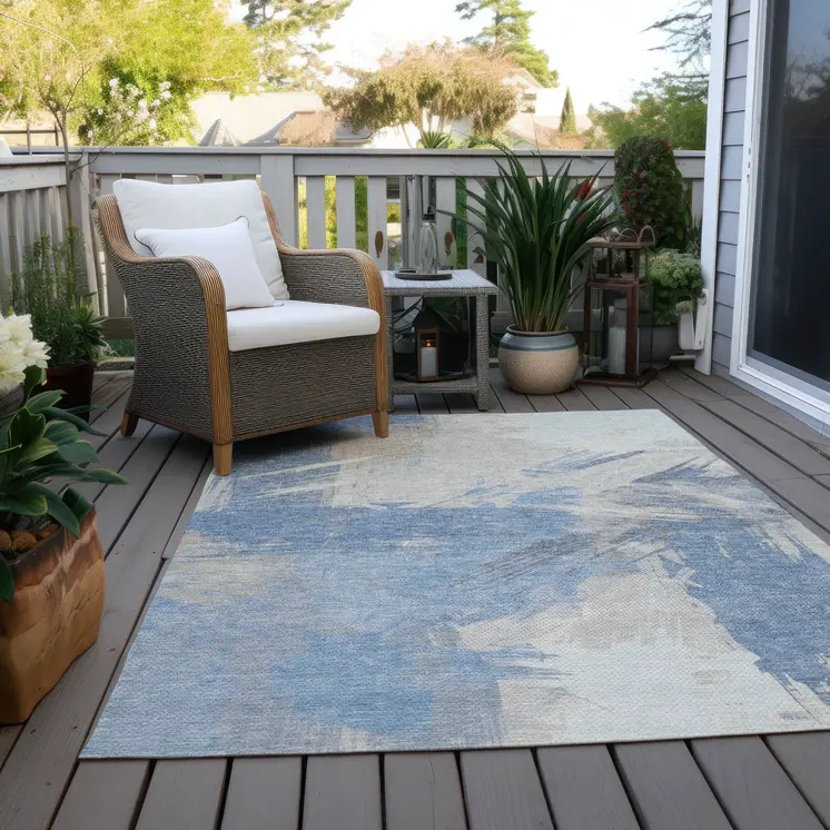 3' X 5' Denim Blue Beige And Ivory Abstract Washable Indoor Outdoor Area Rug