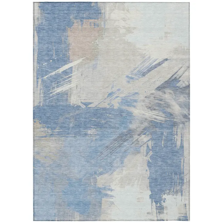 3' X 5' Denim Blue Beige And Ivory Abstract Washable Indoor Outdoor Area Rug