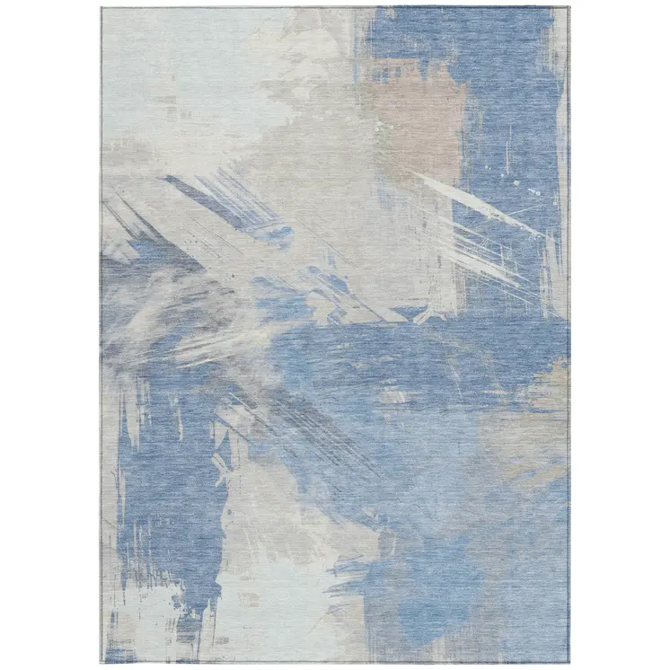 3' X 5' Denim Blue Beige And Ivory Abstract Washable Indoor Outdoor Area Rug
