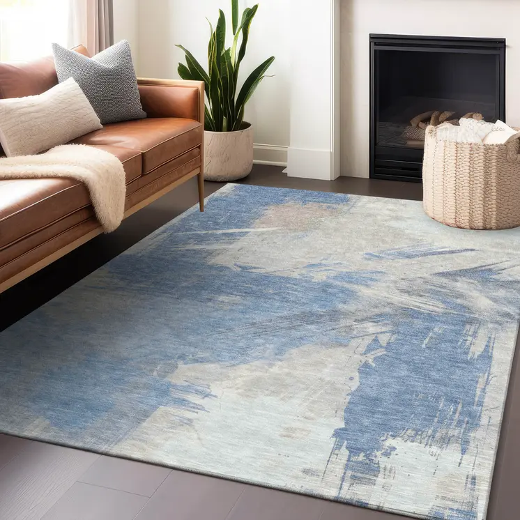 3' X 5' Denim Blue Beige And Ivory Abstract Washable Indoor Outdoor Area Rug
