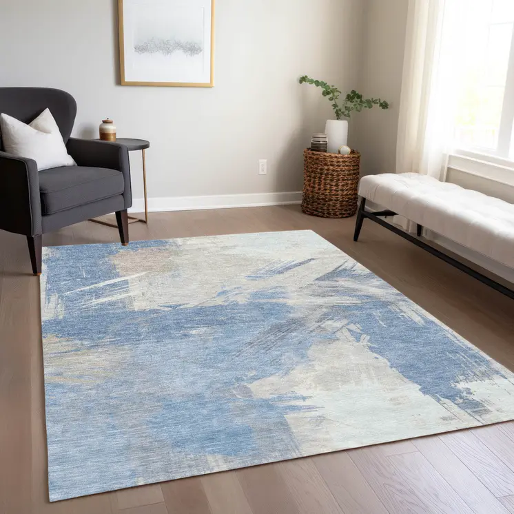3' X 5' Denim Blue Beige And Ivory Abstract Washable Indoor Outdoor Area Rug