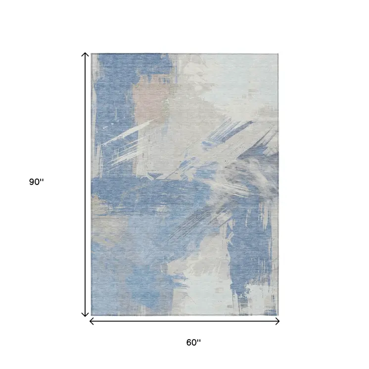 5' X 8' Denim Blue Beige And Ivory Abstract Washable Indoor Outdoor Area Rug