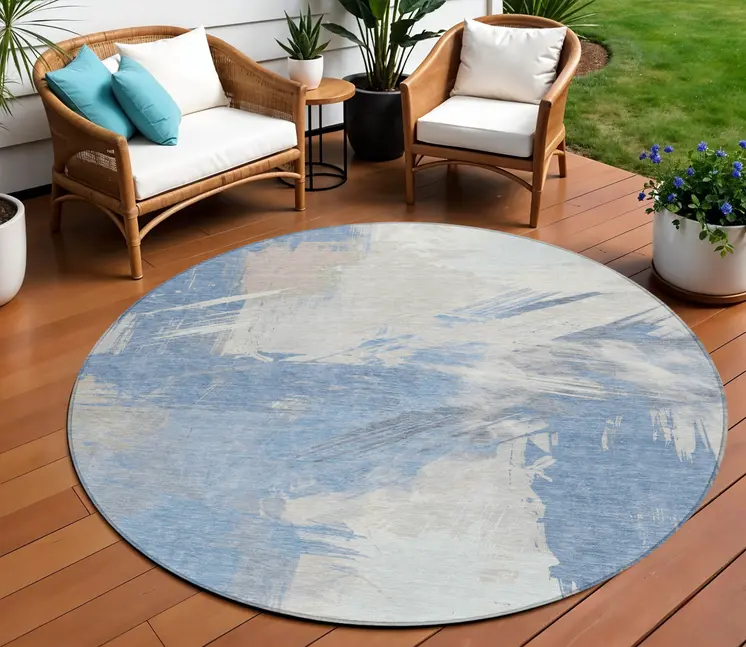 8' Denim Blue Beige And Ivory Round Abstract Washable Indoor Outdoor Area Rug