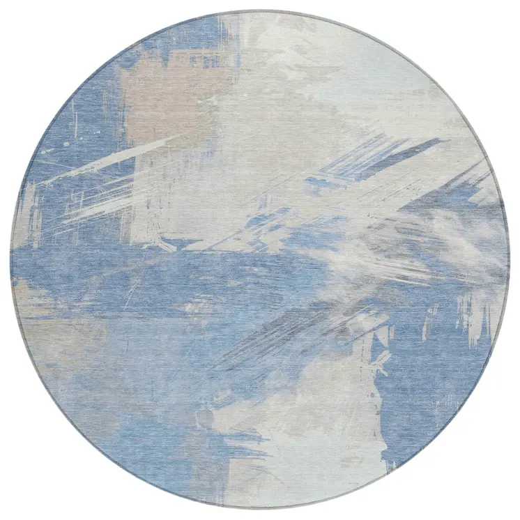 8' Denim Blue Beige And Ivory Round Abstract Washable Indoor Outdoor Area Rug
