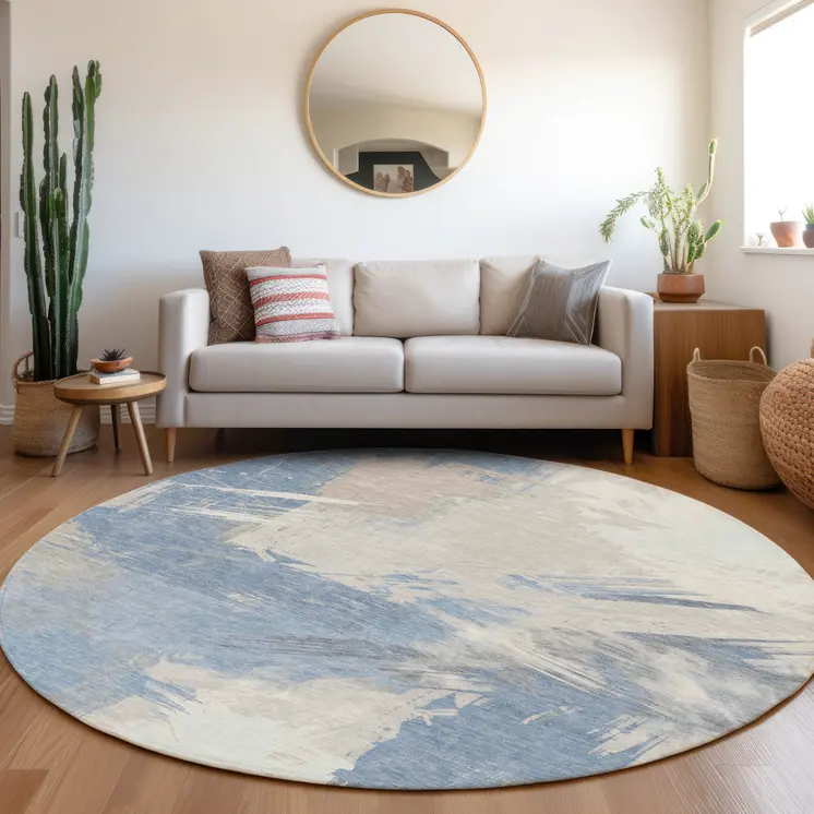 8' Denim Blue Beige And Ivory Round Abstract Washable Indoor Outdoor Area Rug