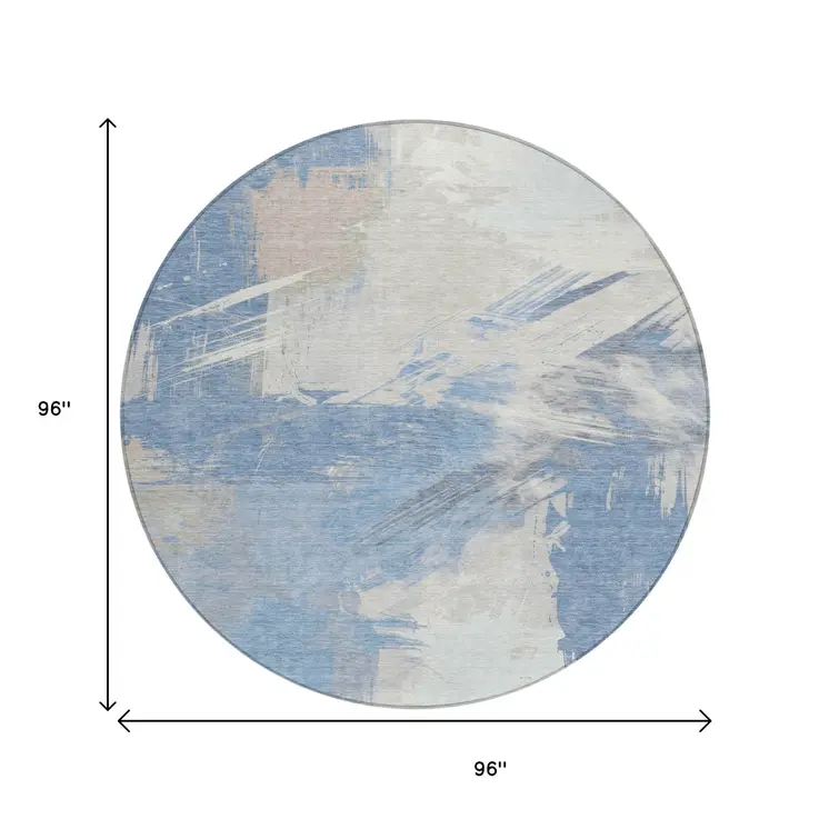 8' Denim Blue Beige And Ivory Round Abstract Washable Indoor Outdoor Area Rug