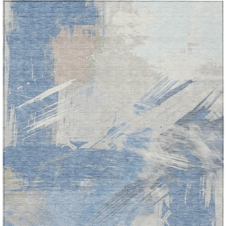 8' X 10' Denim Blue Beige And Ivory Abstract Washable Indoor Outdoor Area Rug