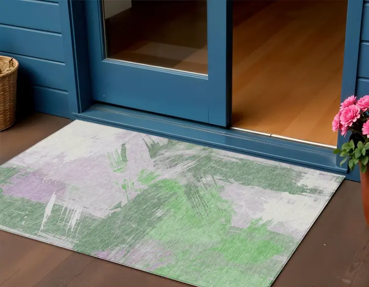 3' X 5' Green Lavender And Ivory Abstract Washable Indoor Outdoor Area Rug