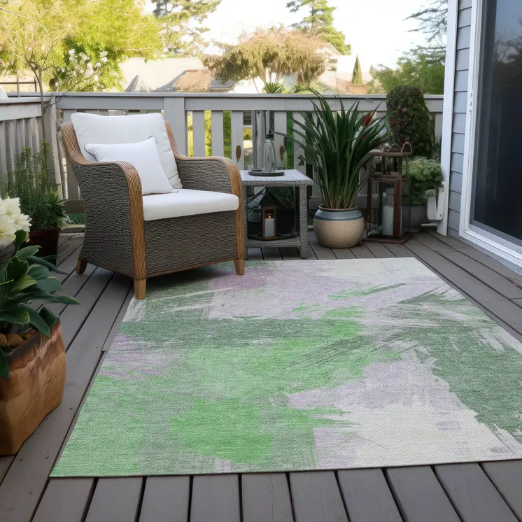 3' X 5' Green Lavender And Ivory Abstract Washable Indoor Outdoor Area Rug
