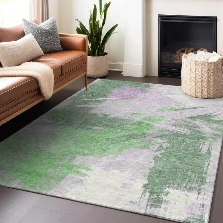 3' X 5' Green Lavender And Ivory Abstract Washable Indoor Outdoor Area Rug