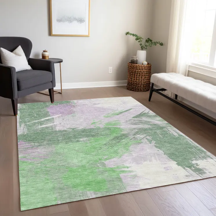 3' X 5' Green Lavender And Ivory Abstract Washable Indoor Outdoor Area Rug