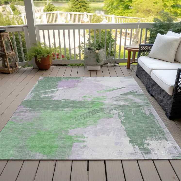 3' X 5' Green Lavender And Ivory Abstract Washable Indoor Outdoor Area Rug