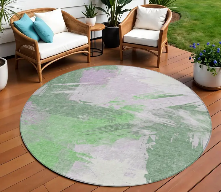 8' Green Lavender And Ivory Round Abstract Washable Indoor Outdoor Area Rug