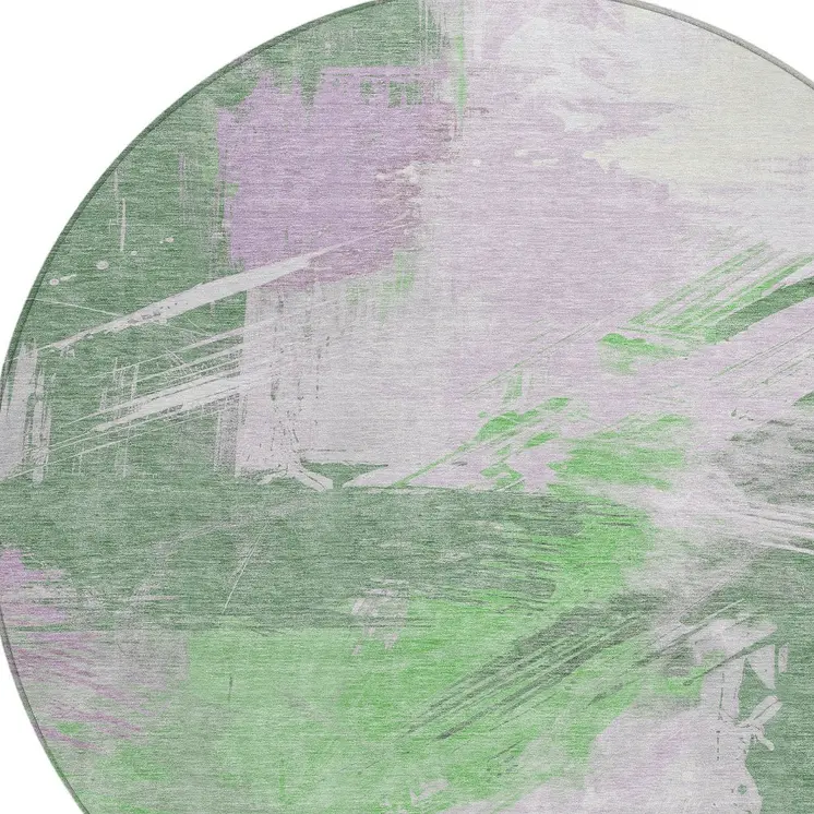 8' Green Lavender And Ivory Round Abstract Washable Indoor Outdoor Area Rug