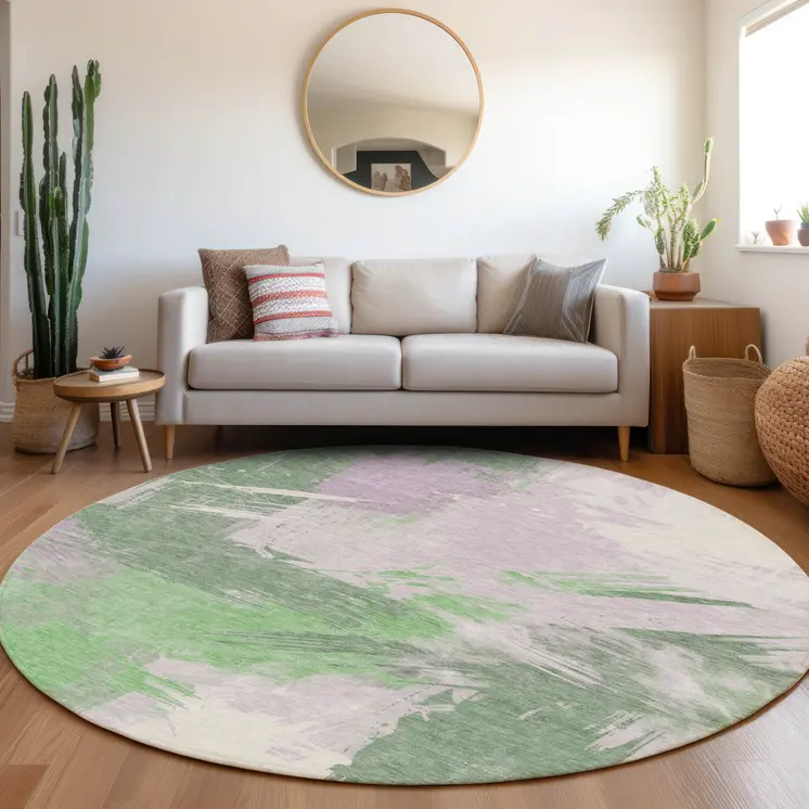 8' Green Lavender And Ivory Round Abstract Washable Indoor Outdoor Area Rug
