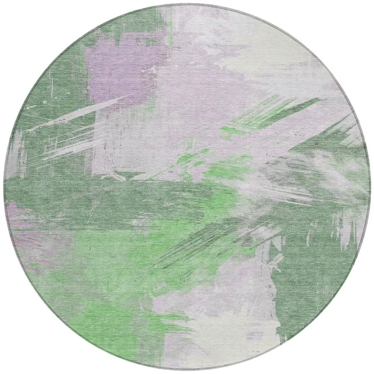 8' Green Lavender And Ivory Round Abstract Washable Indoor Outdoor Area Rug