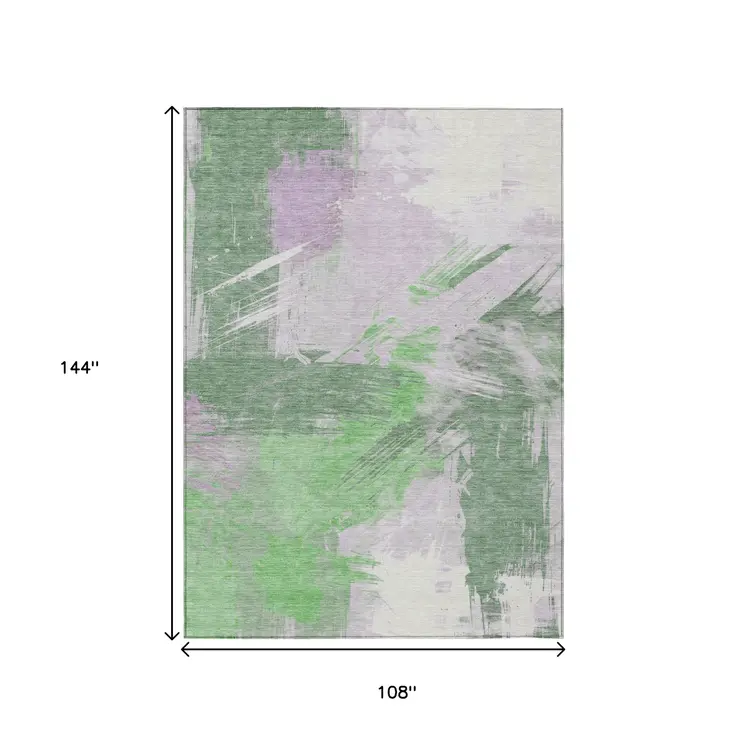 9' X 12' Green Lavender And Ivory Abstract Washable Indoor Outdoor Area Rug