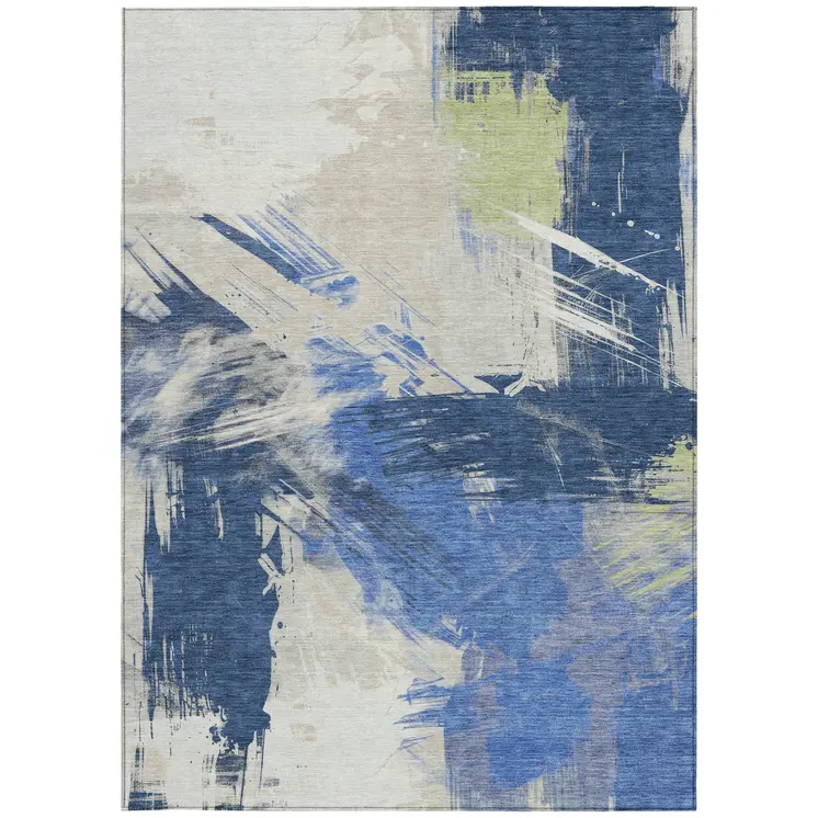 3' X 5' Navy Blue Green And Ivory Abstract Washable Indoor Outdoor Area Rug