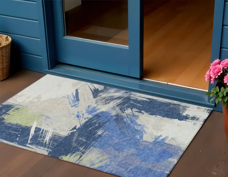 3' X 5' Navy Blue Green And Ivory Abstract Washable Indoor Outdoor Area Rug