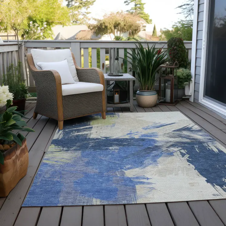 3' X 5' Navy Blue Green And Ivory Abstract Washable Indoor Outdoor Area Rug