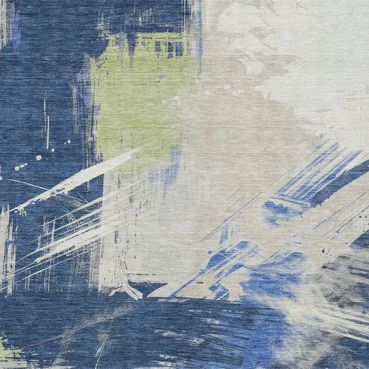 3' X 5' Navy Blue Green And Ivory Abstract Washable Indoor Outdoor Area Rug