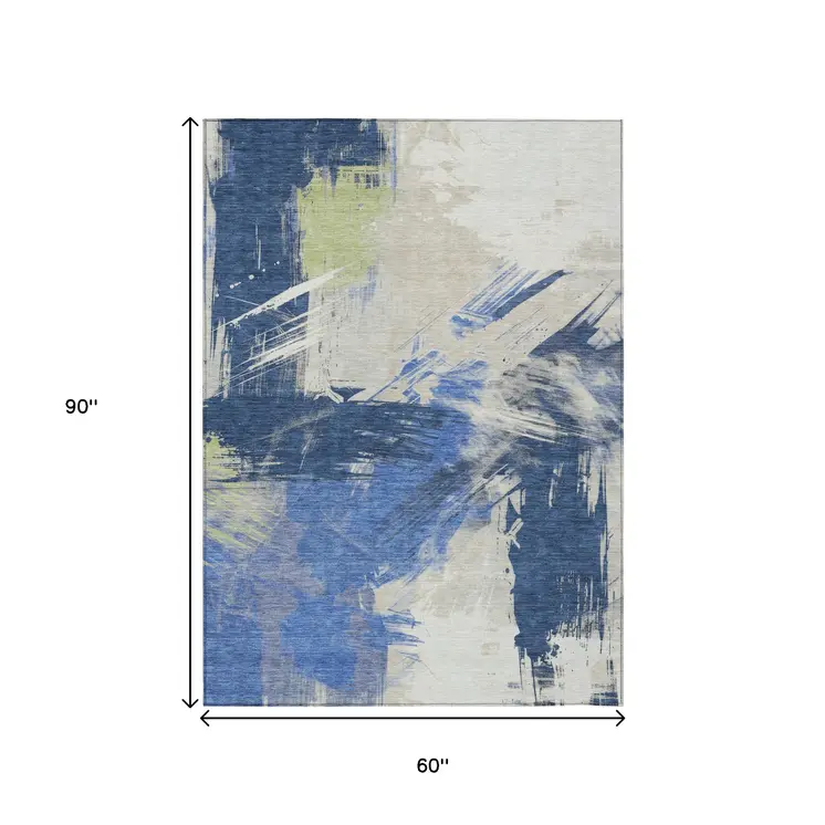 5' X 8' Navy Blue Green And Ivory Abstract Washable Indoor Outdoor Area Rug