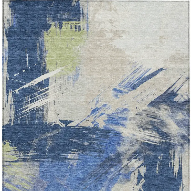 5' X 8' Navy Blue Green And Ivory Abstract Washable Indoor Outdoor Area Rug