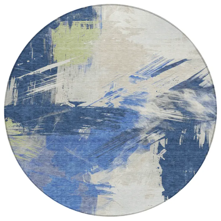 8' Navy Blue Green And Ivory Round Abstract Washable Indoor Outdoor Area Rug