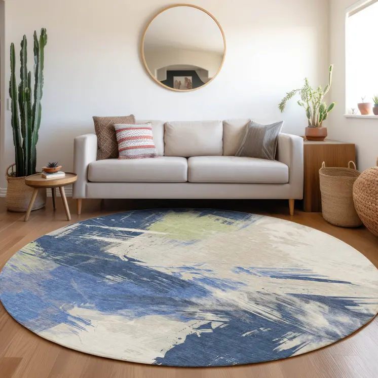 8' Navy Blue Green And Ivory Round Abstract Washable Indoor Outdoor Area Rug