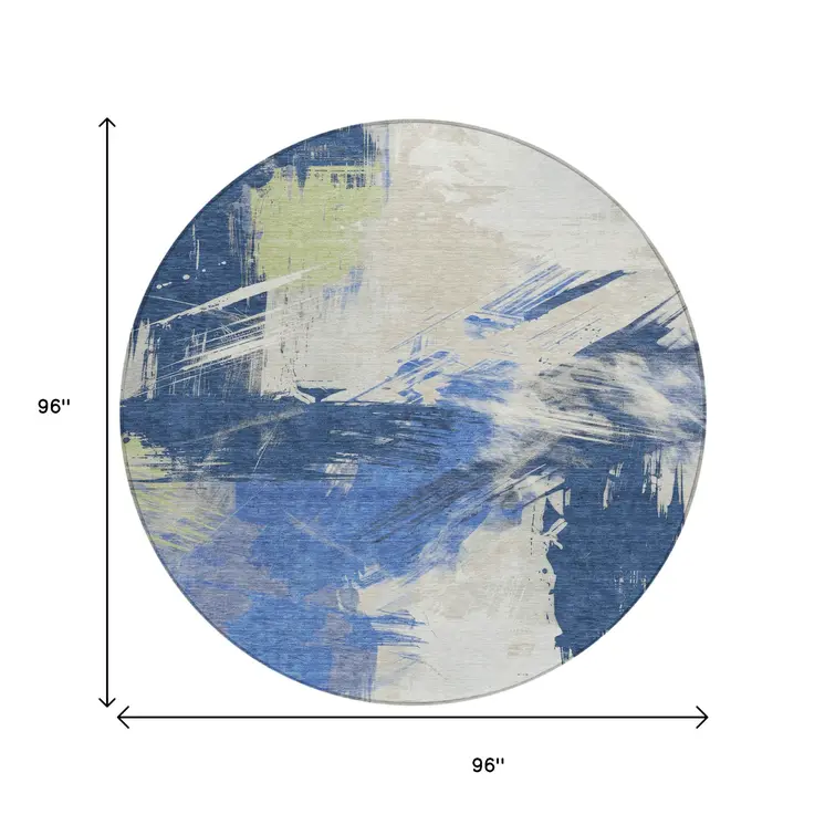8' Navy Blue Green And Ivory Round Abstract Washable Indoor Outdoor Area Rug