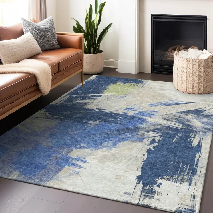 9' X 12' Navy Blue Green And Ivory Abstract Washable Indoor Outdoor Area Rug