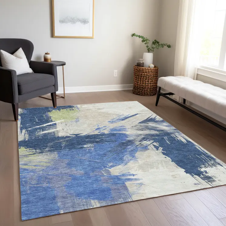 9' X 12' Navy Blue Green And Ivory Abstract Washable Indoor Outdoor Area Rug