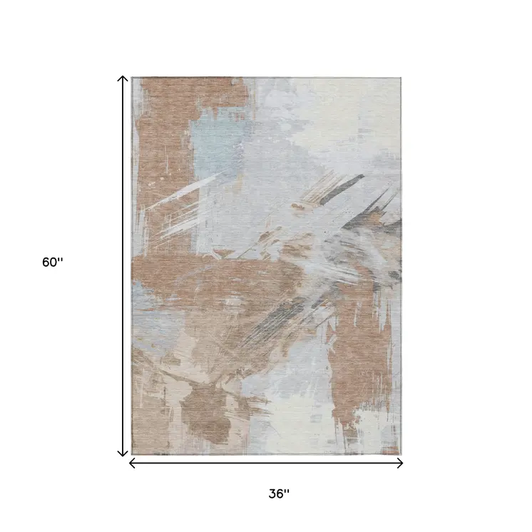 3' X 5' Rust Gray And Ivory Abstract Washable Indoor Outdoor Area Rug