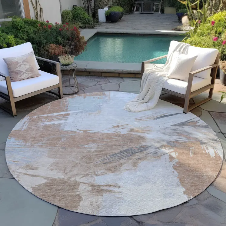 8' Rust Gray And Ivory Round Abstract Washable Indoor Outdoor Area Rug