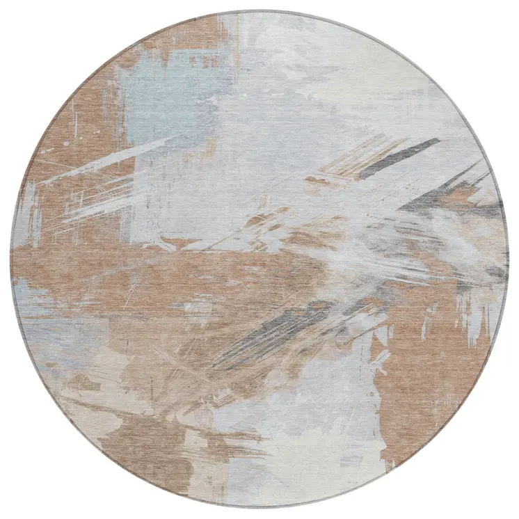 8' Rust Gray And Ivory Round Abstract Washable Indoor Outdoor Area Rug