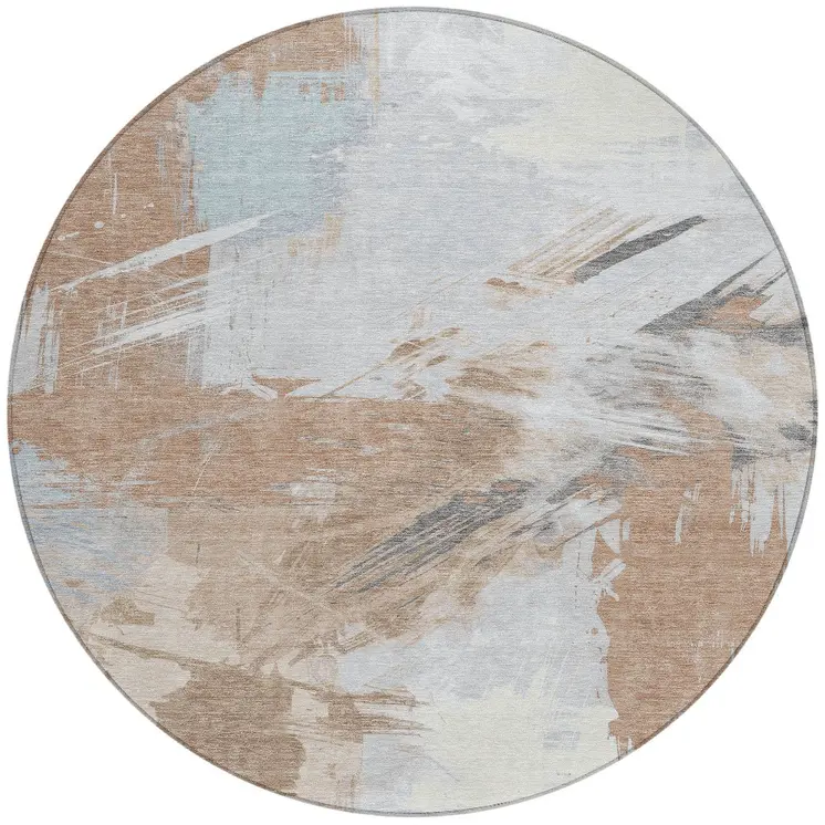 8' Rust Gray And Ivory Round Abstract Washable Indoor Outdoor Area Rug