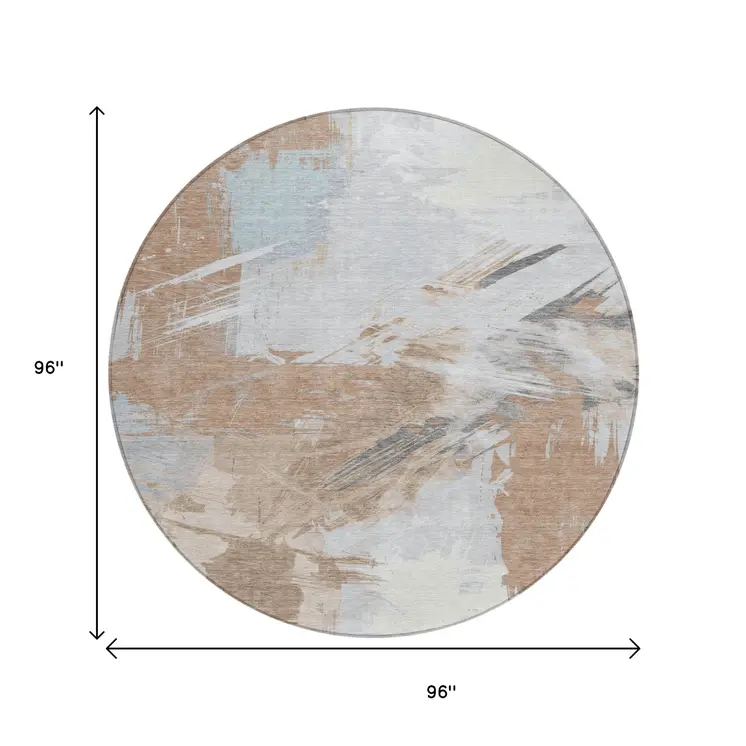 8' Rust Gray And Ivory Round Abstract Washable Indoor Outdoor Area Rug