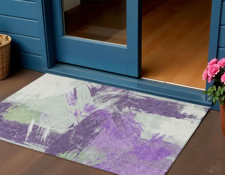 3' X 5' Purple Mint Green And Ivory Abstract Washable Indoor Outdoor Area Rug