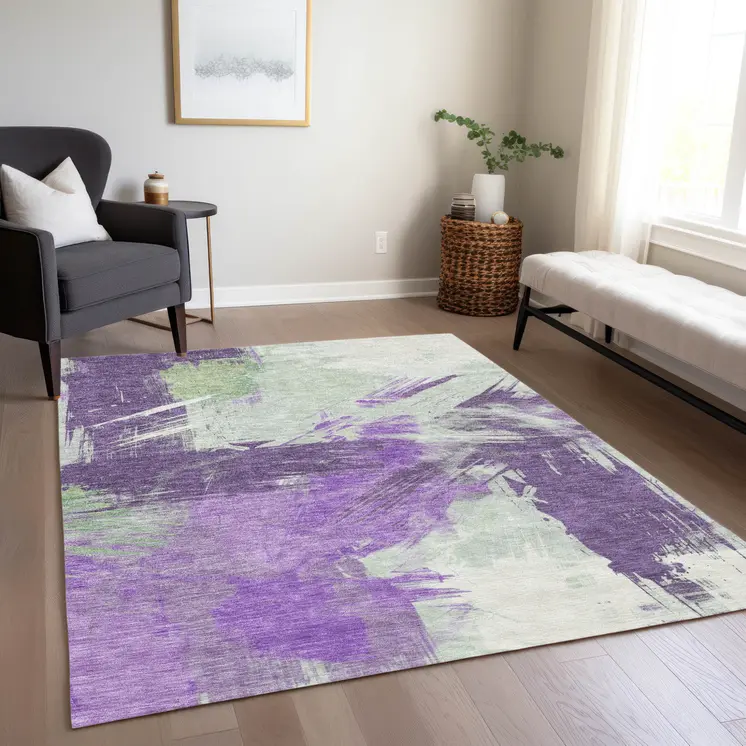 3' X 5' Purple Mint Green And Ivory Abstract Washable Indoor Outdoor Area Rug