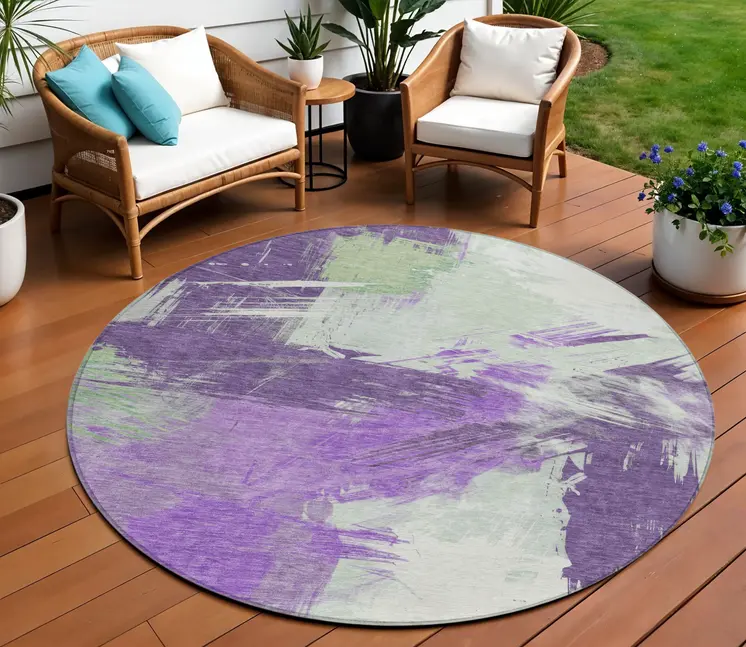 8' Purple Mint Green And Ivory Round Abstract Washable Indoor Outdoor Area Rug