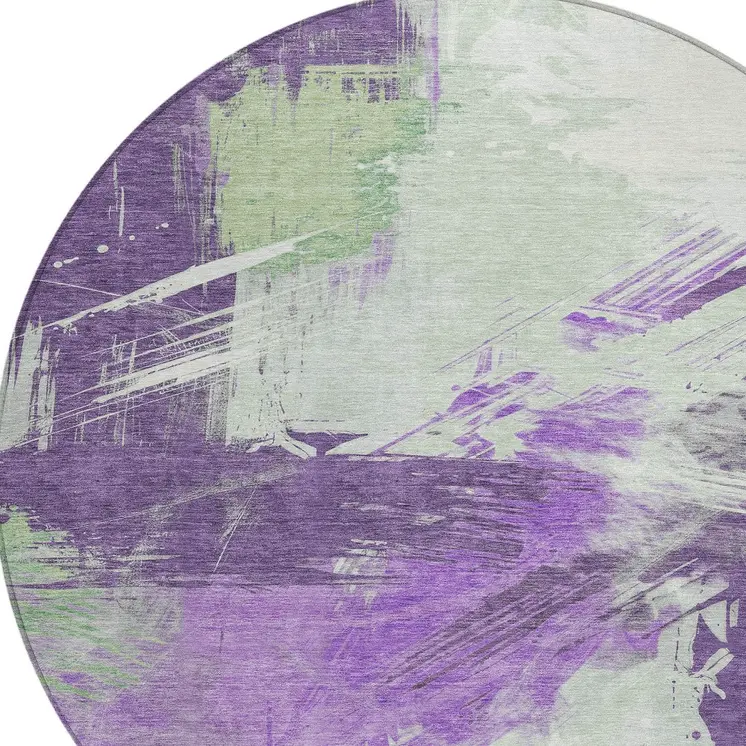 8' Purple Mint Green And Ivory Round Abstract Washable Indoor Outdoor Area Rug