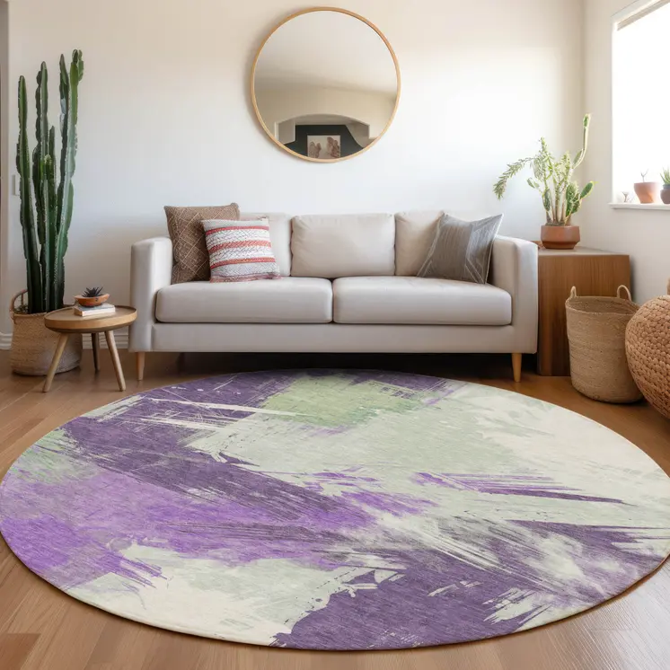 8' Purple Mint Green And Ivory Round Abstract Washable Indoor Outdoor Area Rug