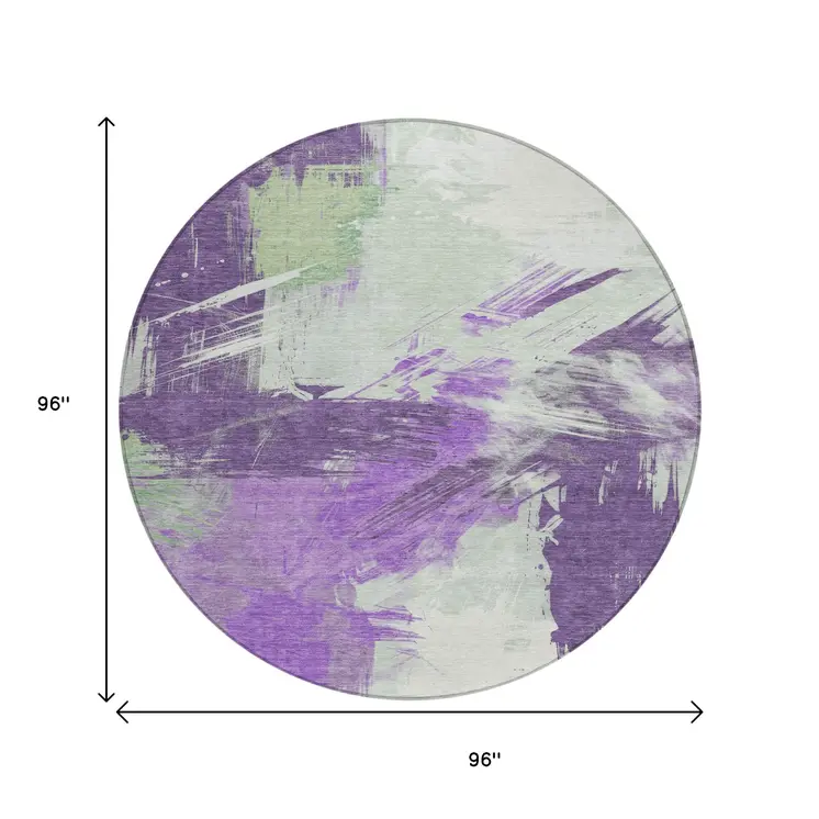 8' Purple Mint Green And Ivory Round Abstract Washable Indoor Outdoor Area Rug