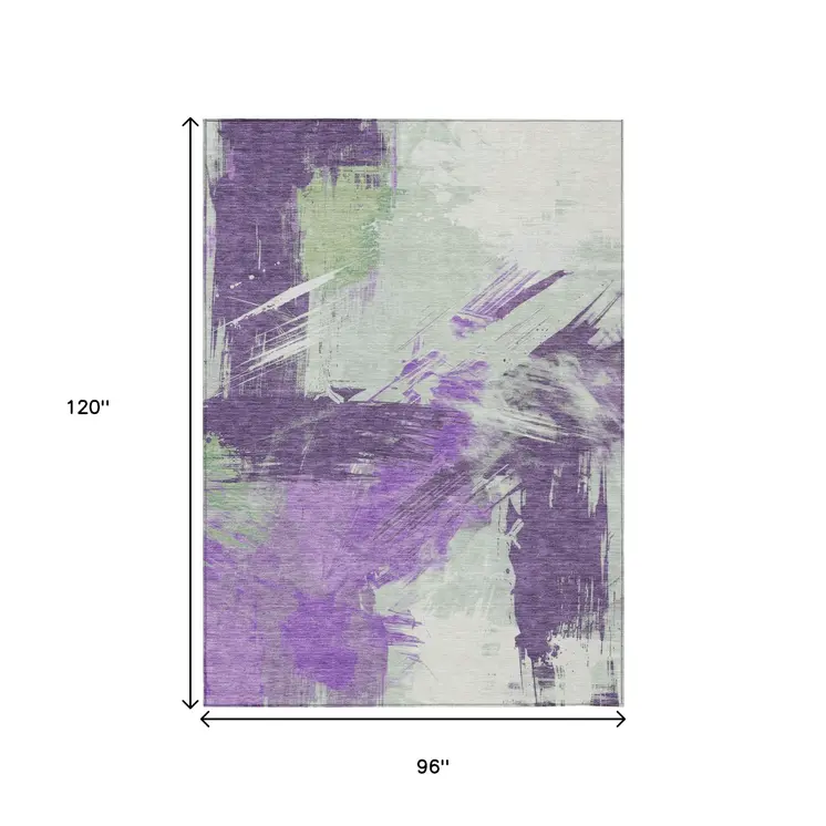 8' X 10' Purple Mint Green And Ivory Abstract Washable Indoor Outdoor Area Rug