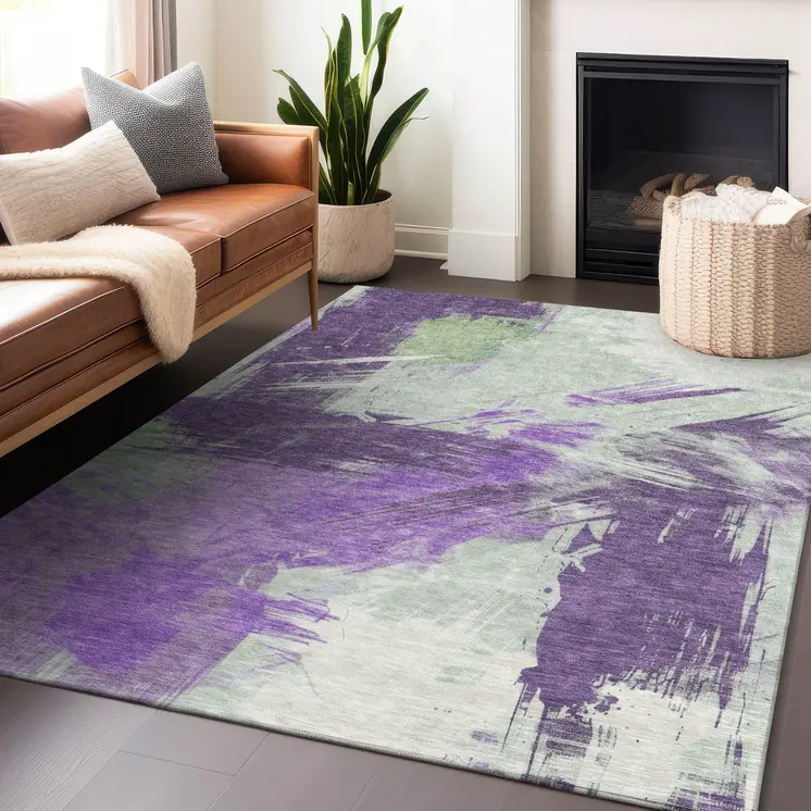 8' X 10' Purple Mint Green And Ivory Abstract Washable Indoor Outdoor Area Rug